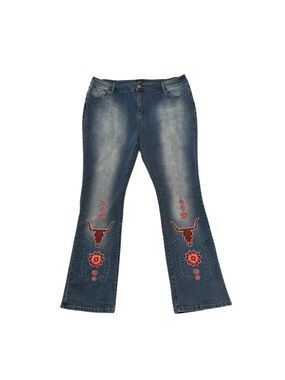 Flamingals Jeans Womens 4X LONG SouthWestern Embroidered High-Rise BLUE Longhorn